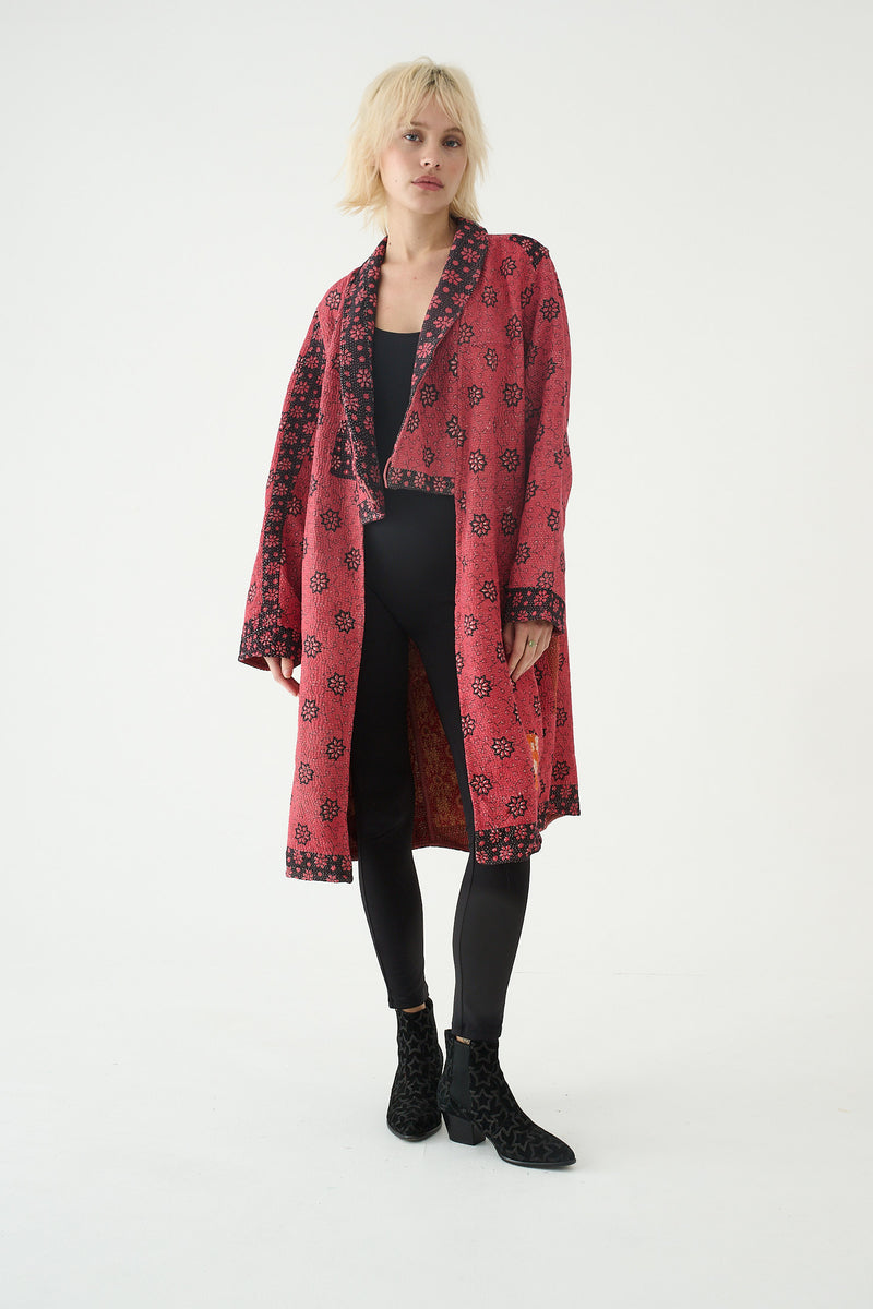 Repurposed Quilted Kantha Coat Red 007