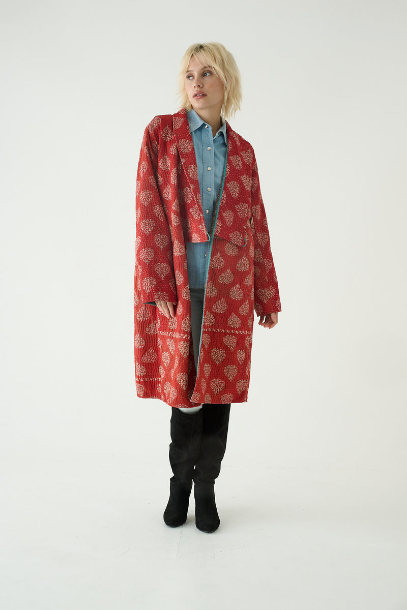 Repurposed Quilted Kantha Coat Red 011