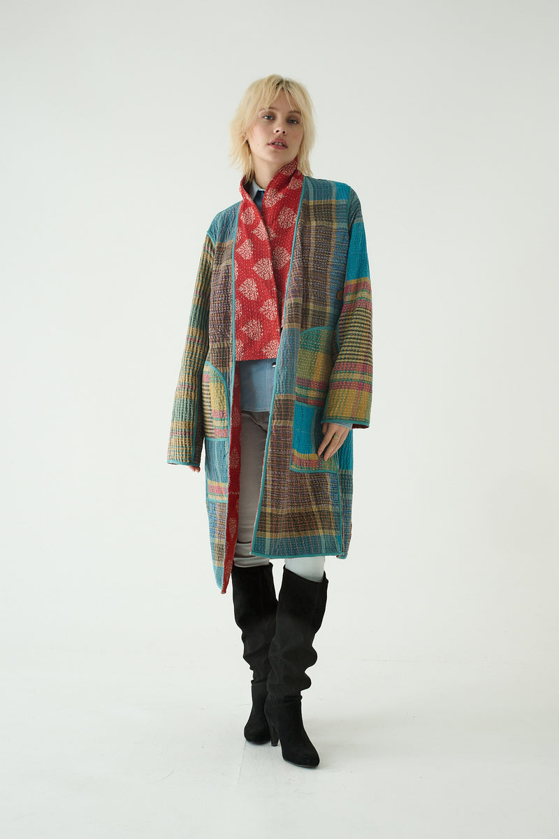 Repurposed Quilted Kantha Coat Red 011