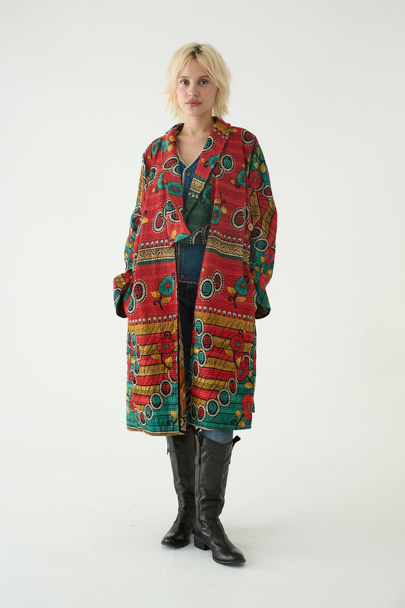 Repurposed Quilted Kantha Coat Red 023