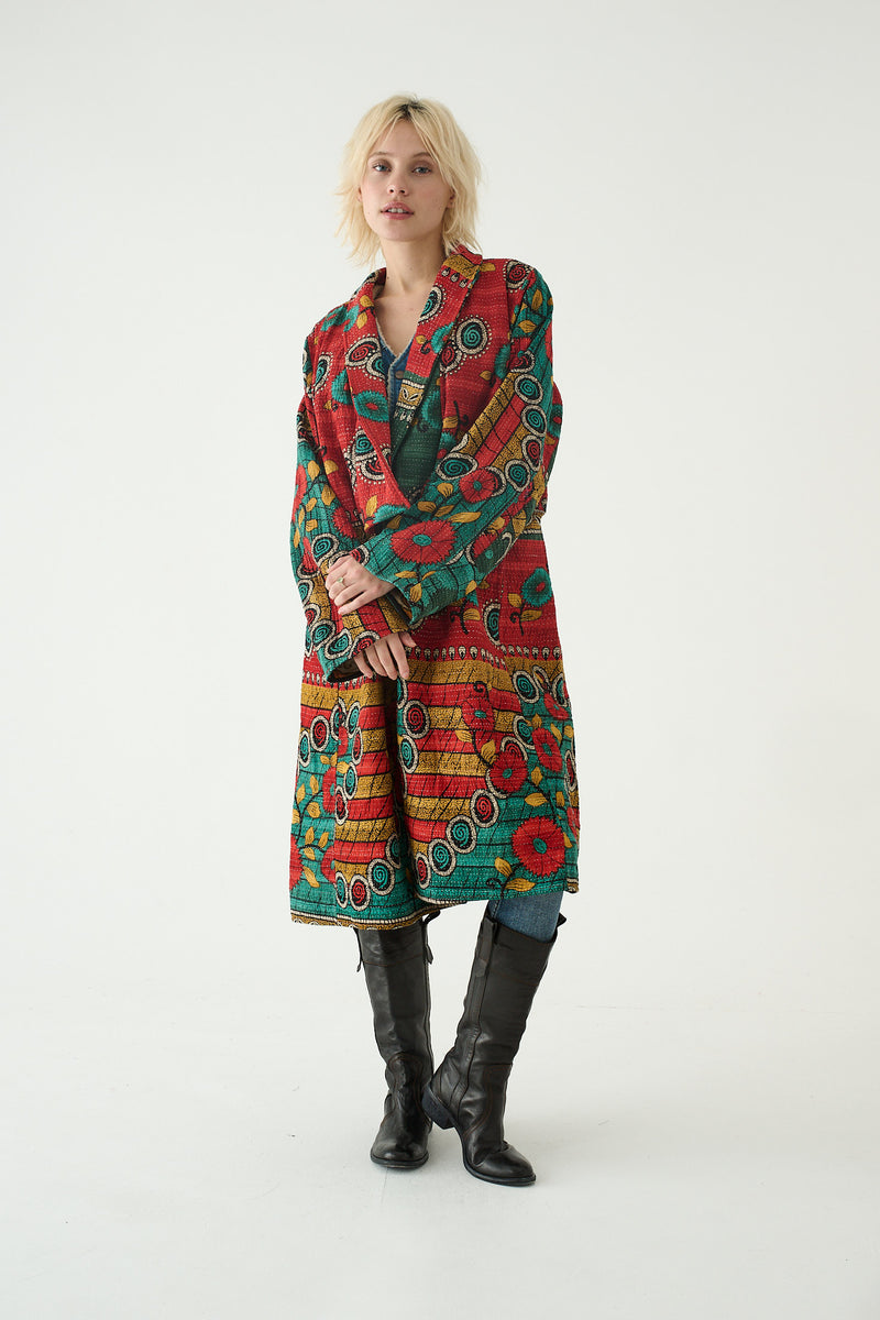 Repurposed Quilted Kantha Coat Red 023