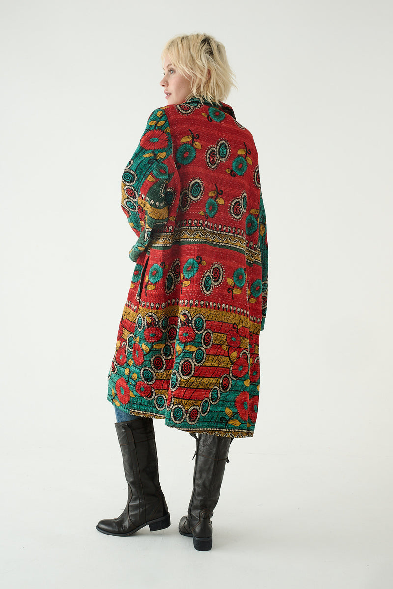 Repurposed Quilted Kantha Coat Red 023