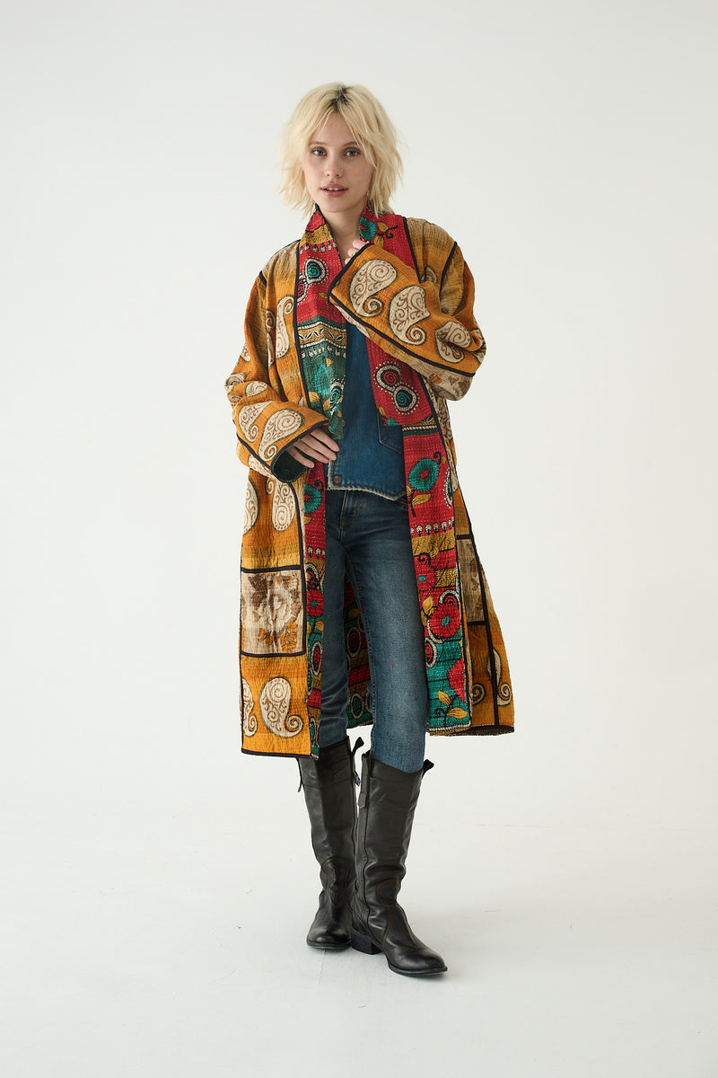 Repurposed Quilted Kantha Coat Red 023