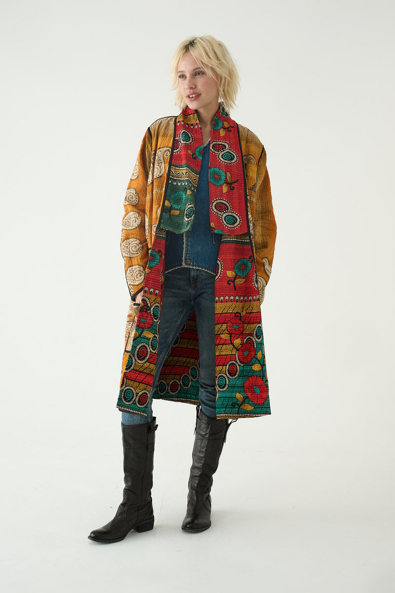 Repurposed Quilted Kantha Coat Red 023