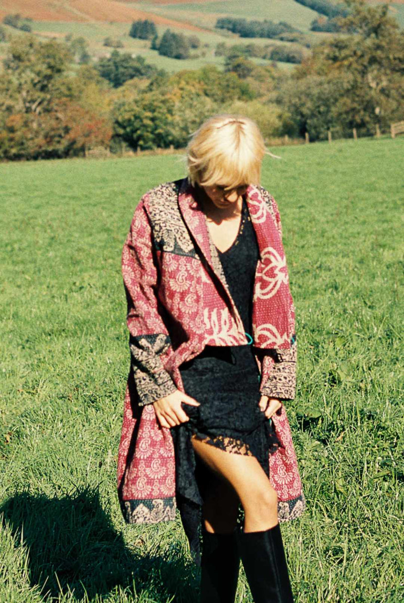 Repurposed Quilted Kantha Coat Red 010