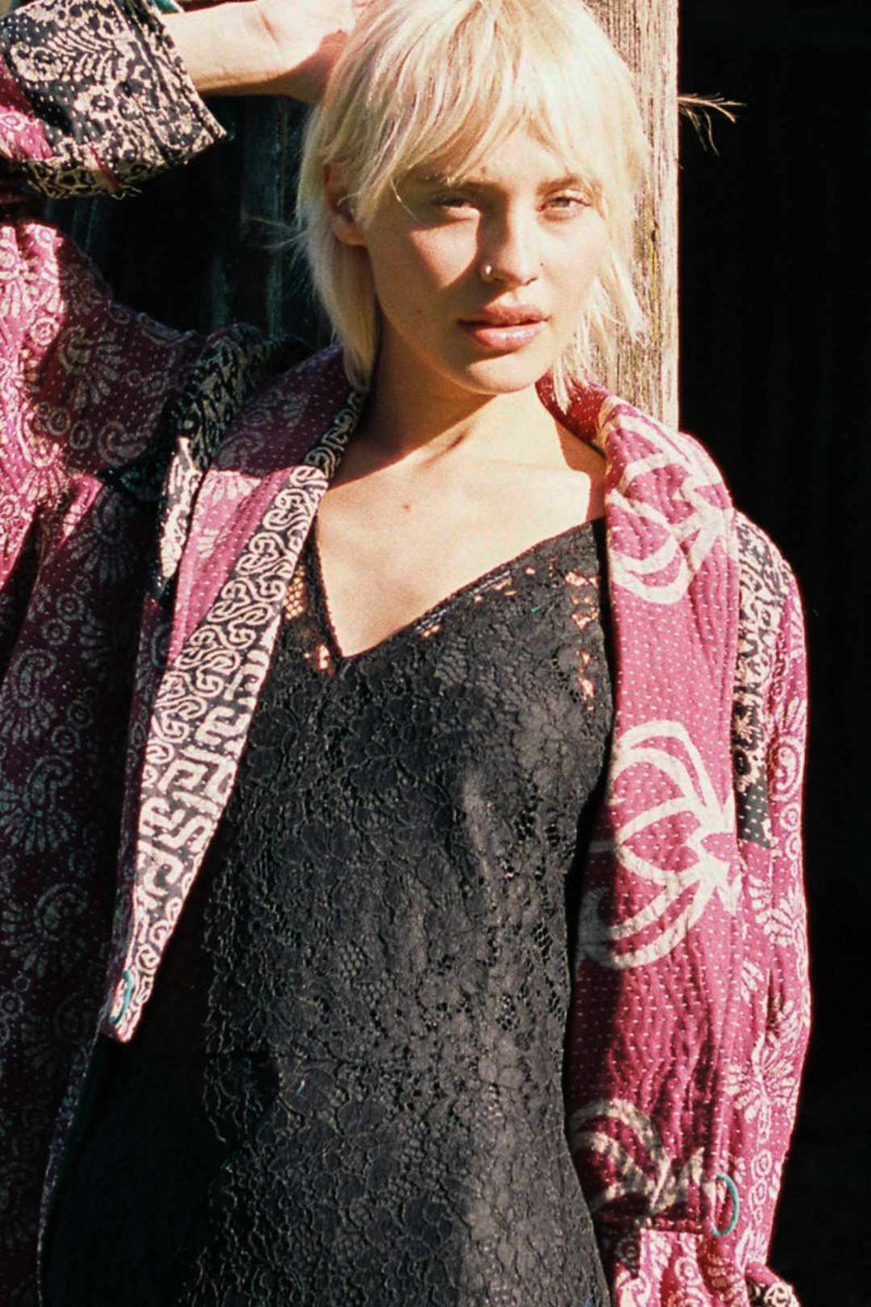 Repurposed Quilted Kantha Coat Red 010