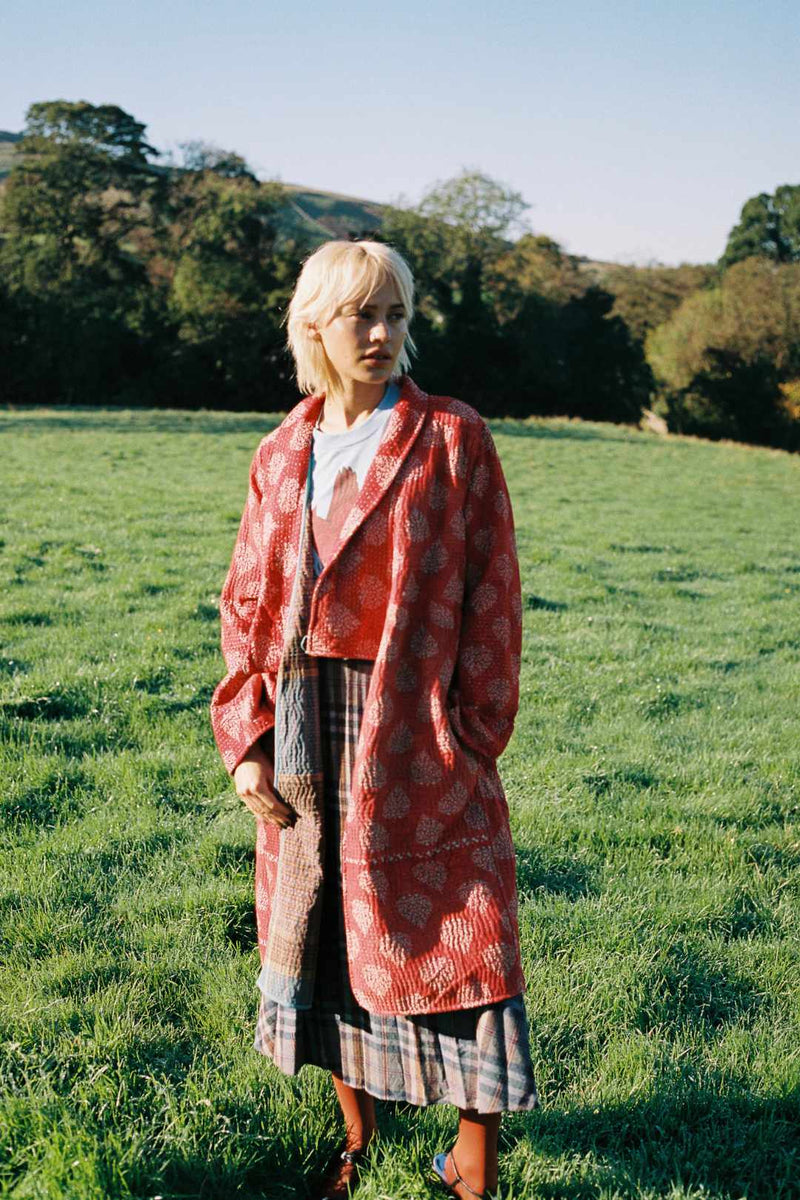 Repurposed Quilted Kantha Coat Red 011