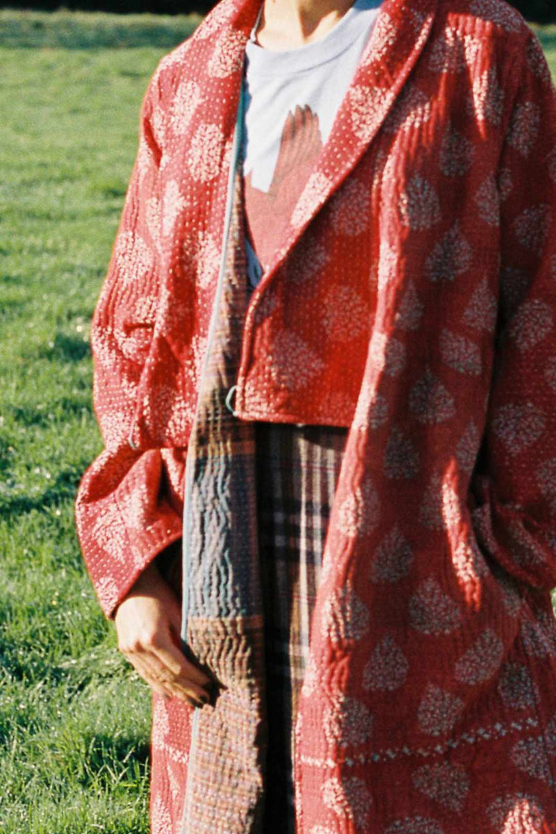 Repurposed Quilted Kantha Coat Red 011