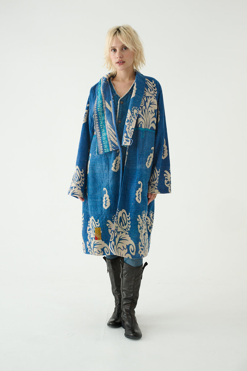 Repurposed Quilted Kantha Coat Blue 005