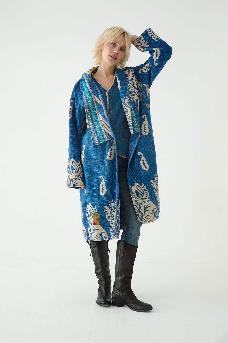 Repurposed Quilted Kantha Coat Blue 005