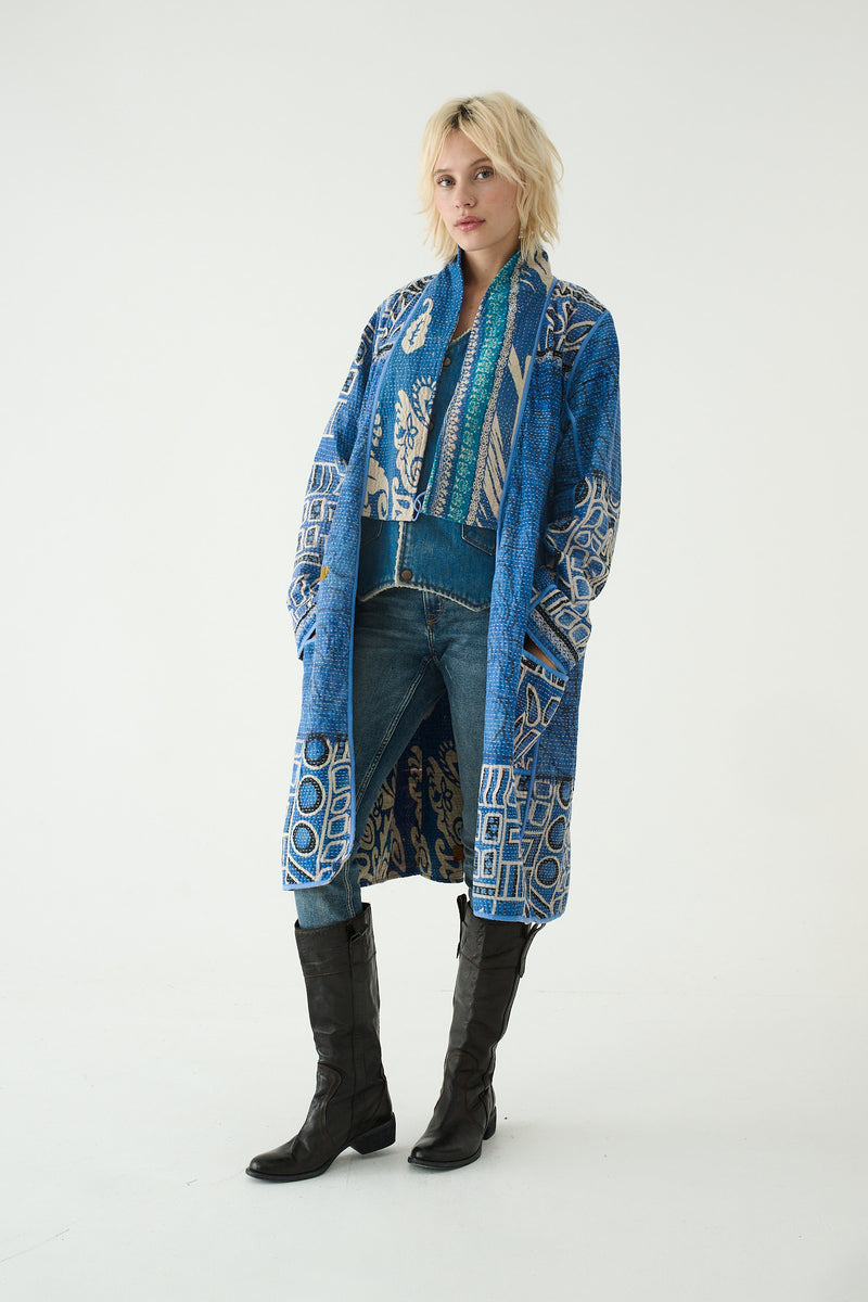 Repurposed Quilted Kantha Coat Blue 005