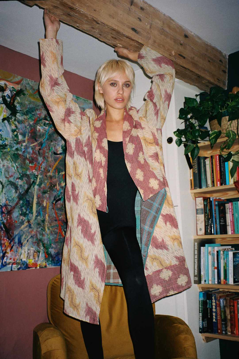 Repurposed Quilted Kantha Coat Pink 014