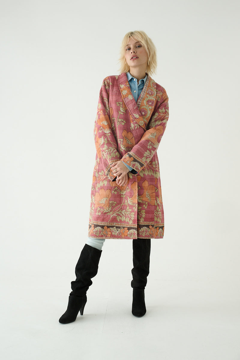 Repurposed Quilted Kantha Coat Pink 020