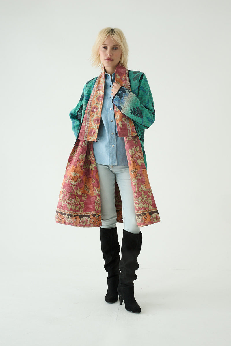 Repurposed Quilted Kantha Coat Pink 020