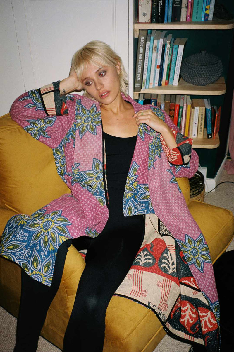 Repurposed Quilted Kantha Coat Pink 002