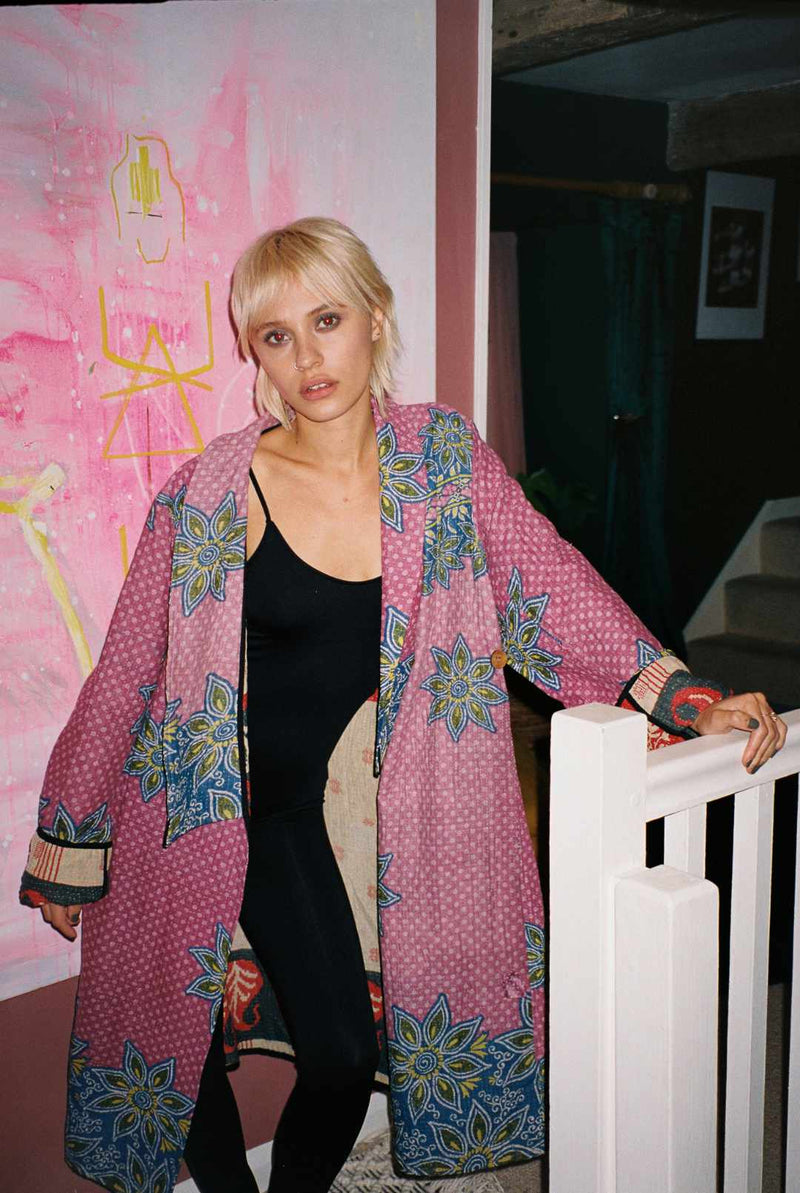 Repurposed Quilted Kantha Coat Pink 002