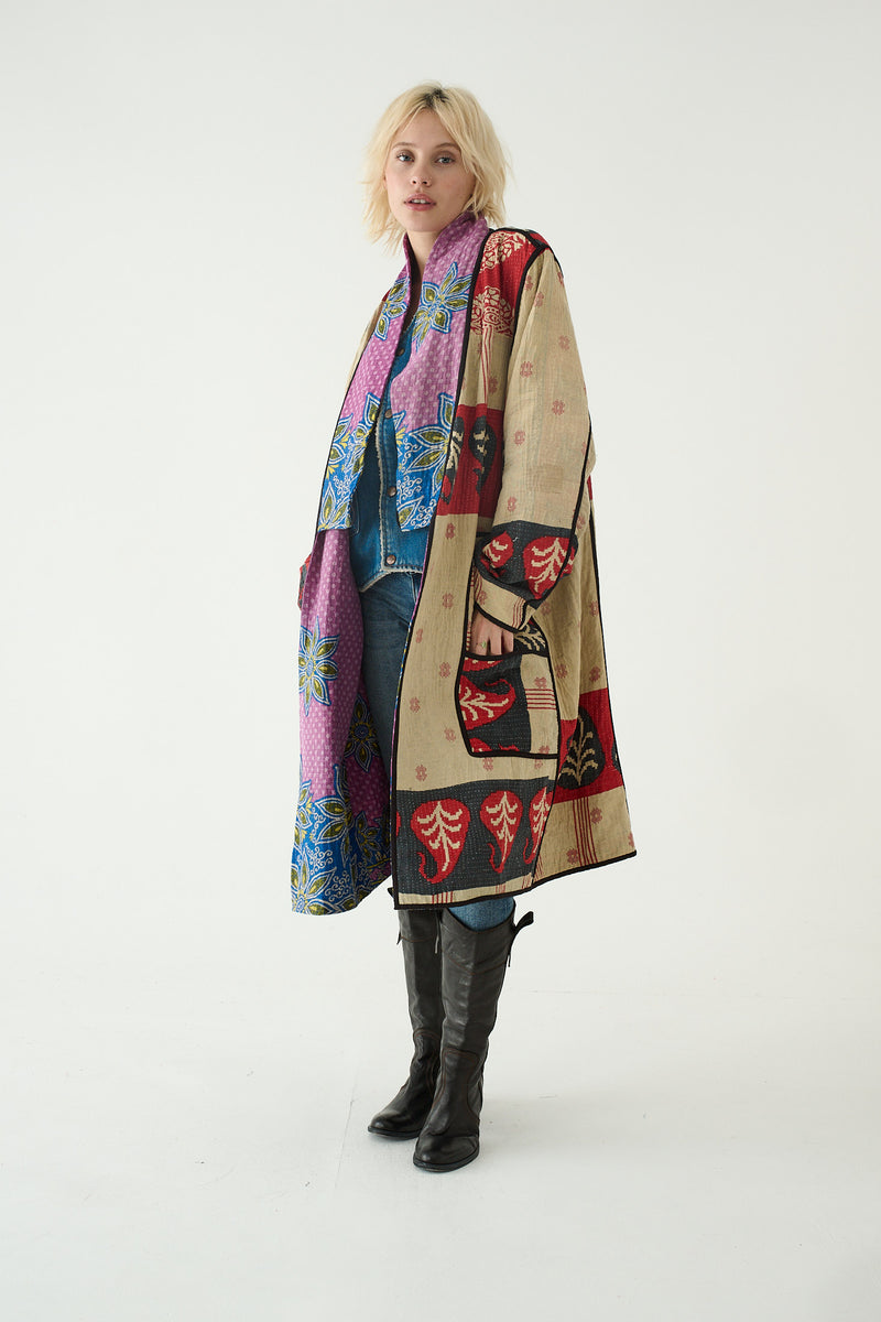 Repurposed Quilted Kantha Coat Pink 002