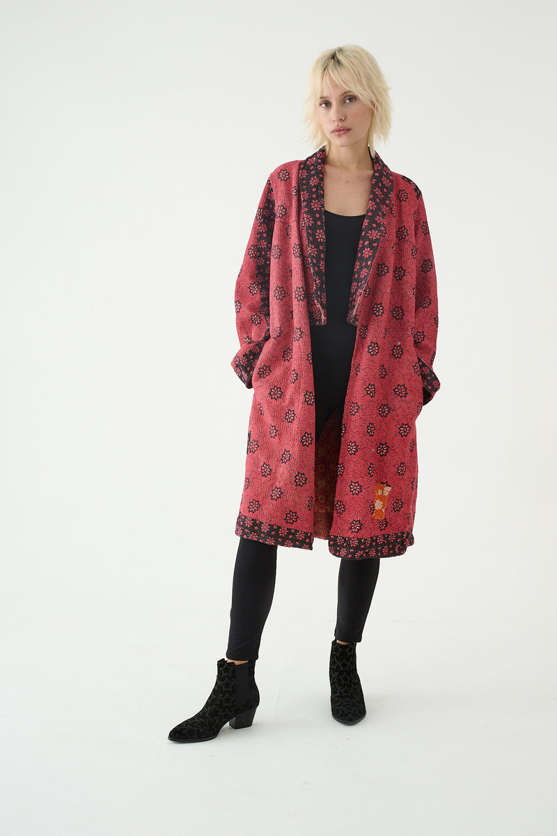 Repurposed Quilted Kantha Coat Red 007