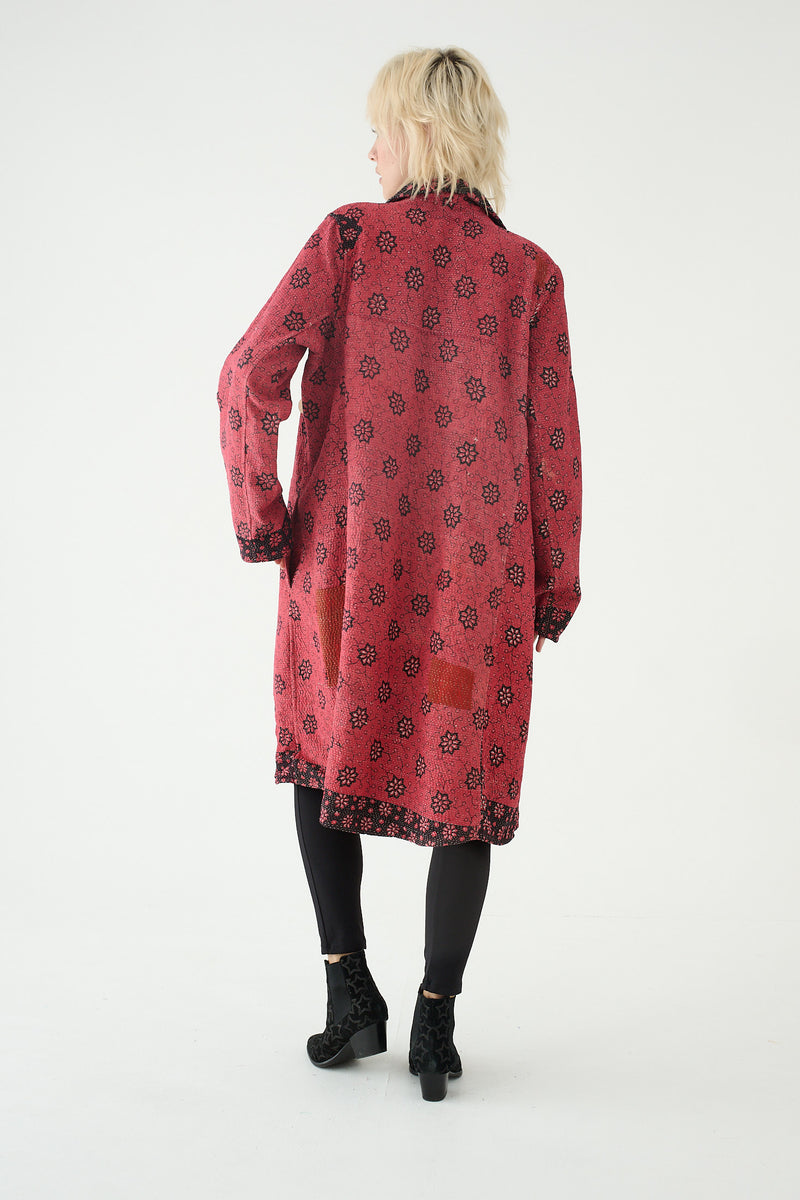 Repurposed Quilted Kantha Coat Red 007