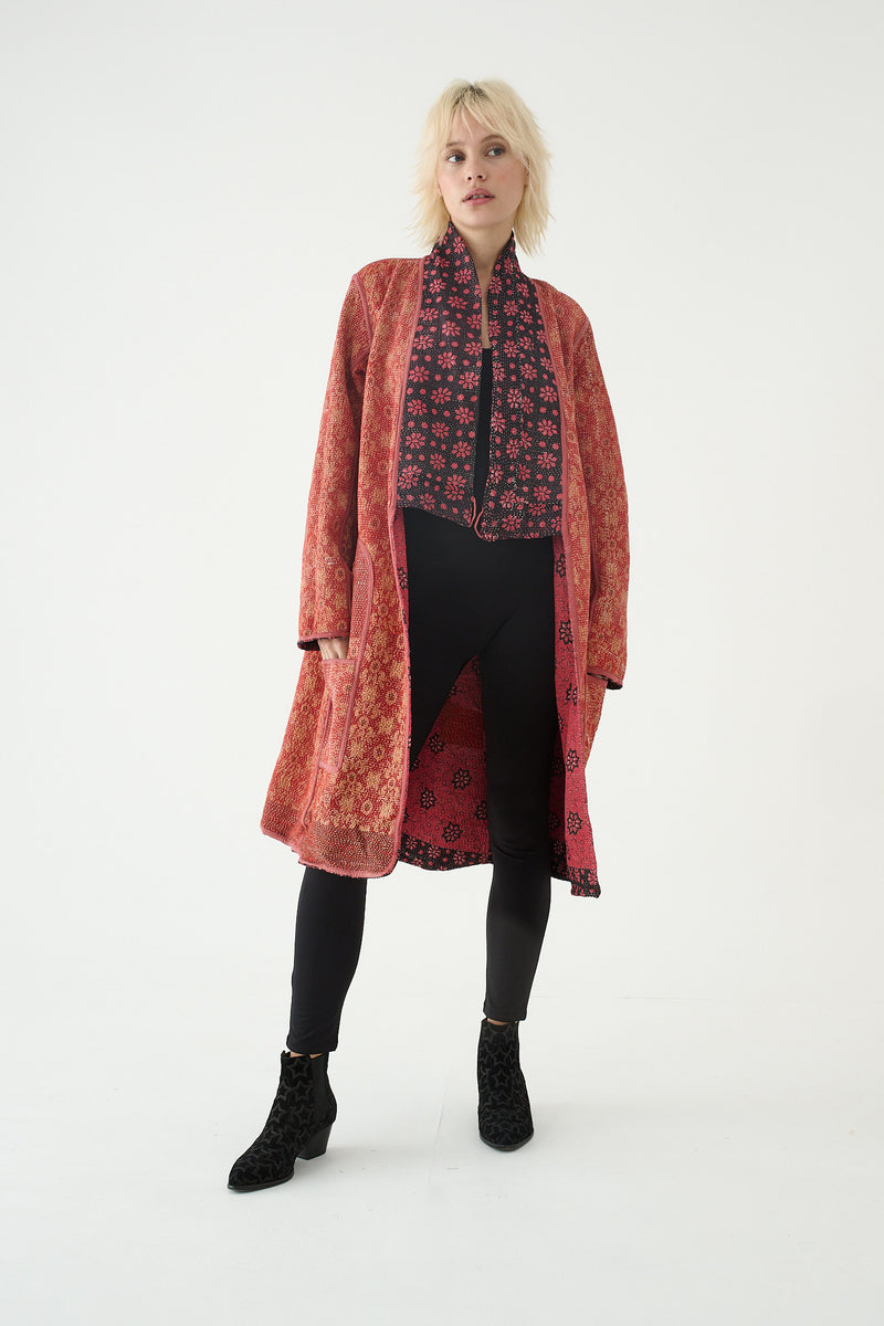 Repurposed Quilted Kantha Coat Red 007