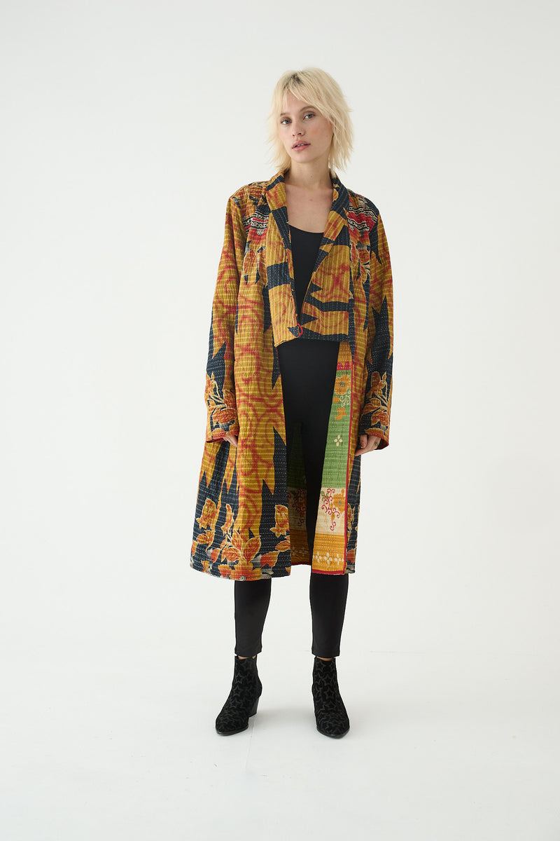 Repurposed Quilted Kantha Coat Orange 009