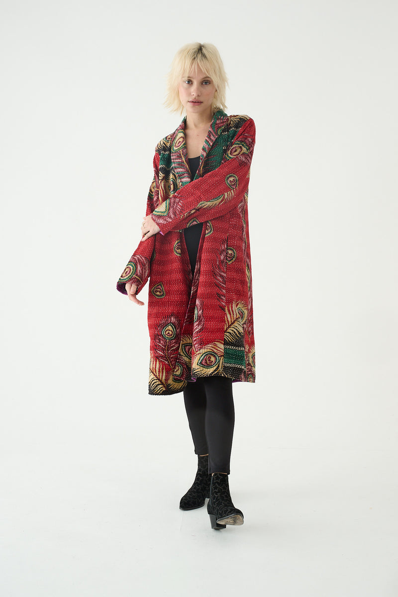 Repurposed Quilted Kantha Coat Red 024