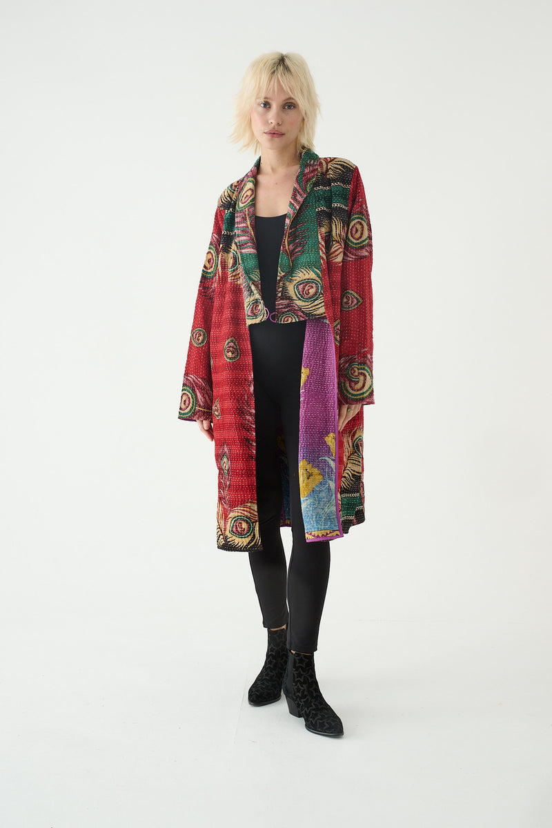 Repurposed Quilted Kantha Coat Red 024