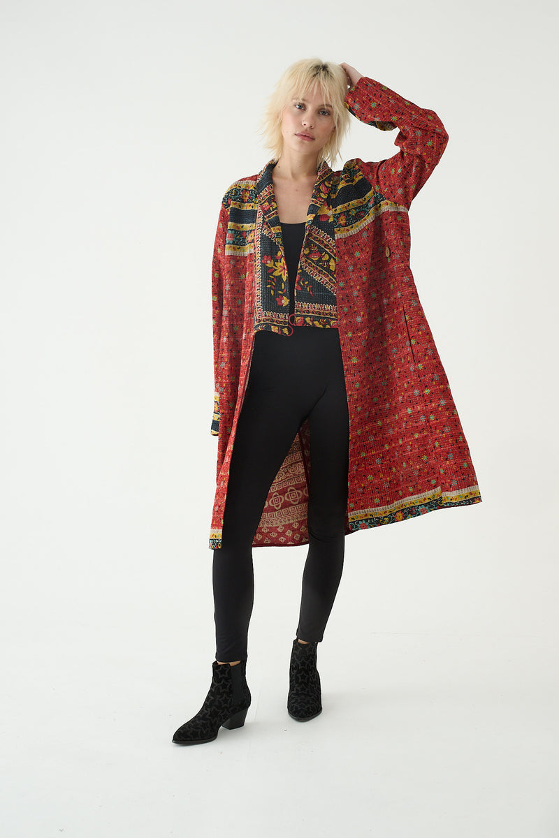 Repurposed Quilted Kantha Coat Red 025