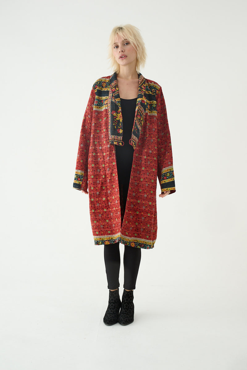 Repurposed Quilted Kantha Coat Red 025