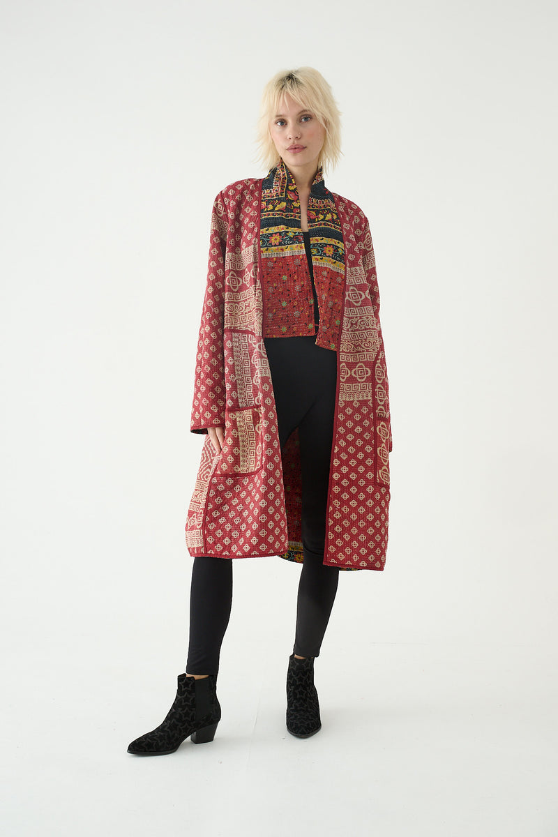 Repurposed Quilted Kantha Coat Red 025