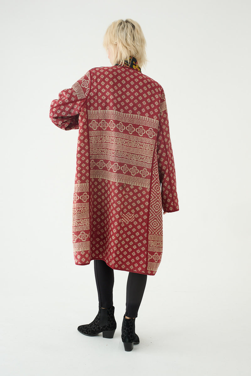 Repurposed Quilted Kantha Coat Red 025