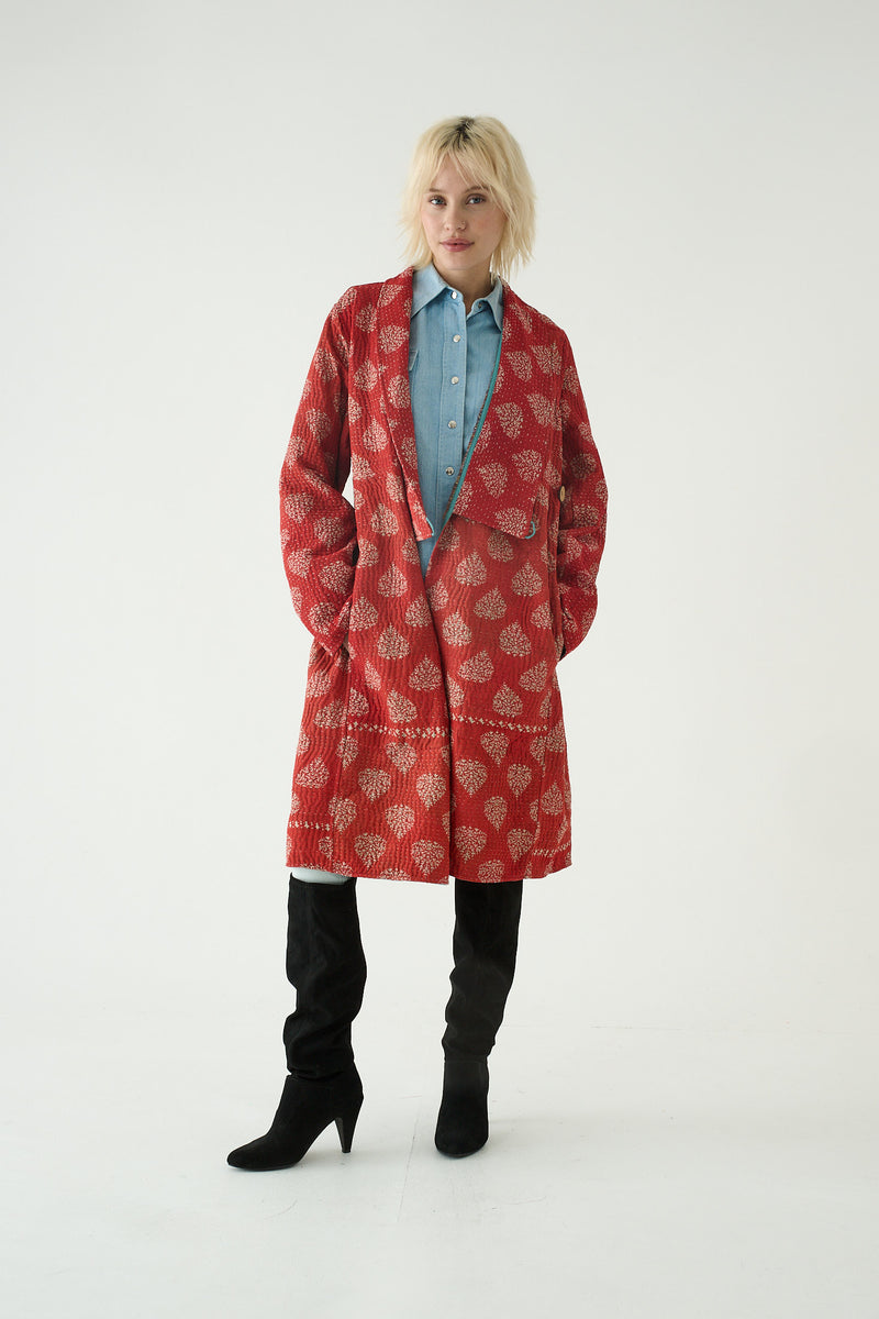 Repurposed Quilted Kantha Coat Red 011