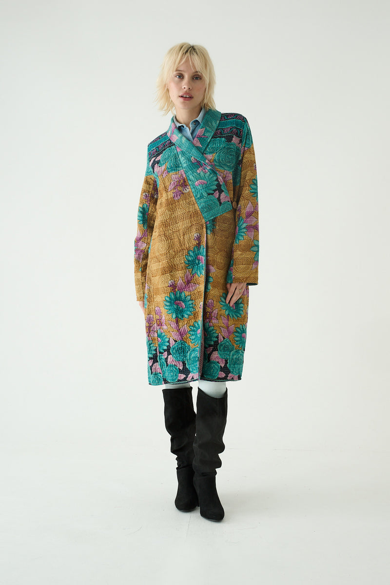 Repurposed Quilted Kantha Coat Turquoise 015