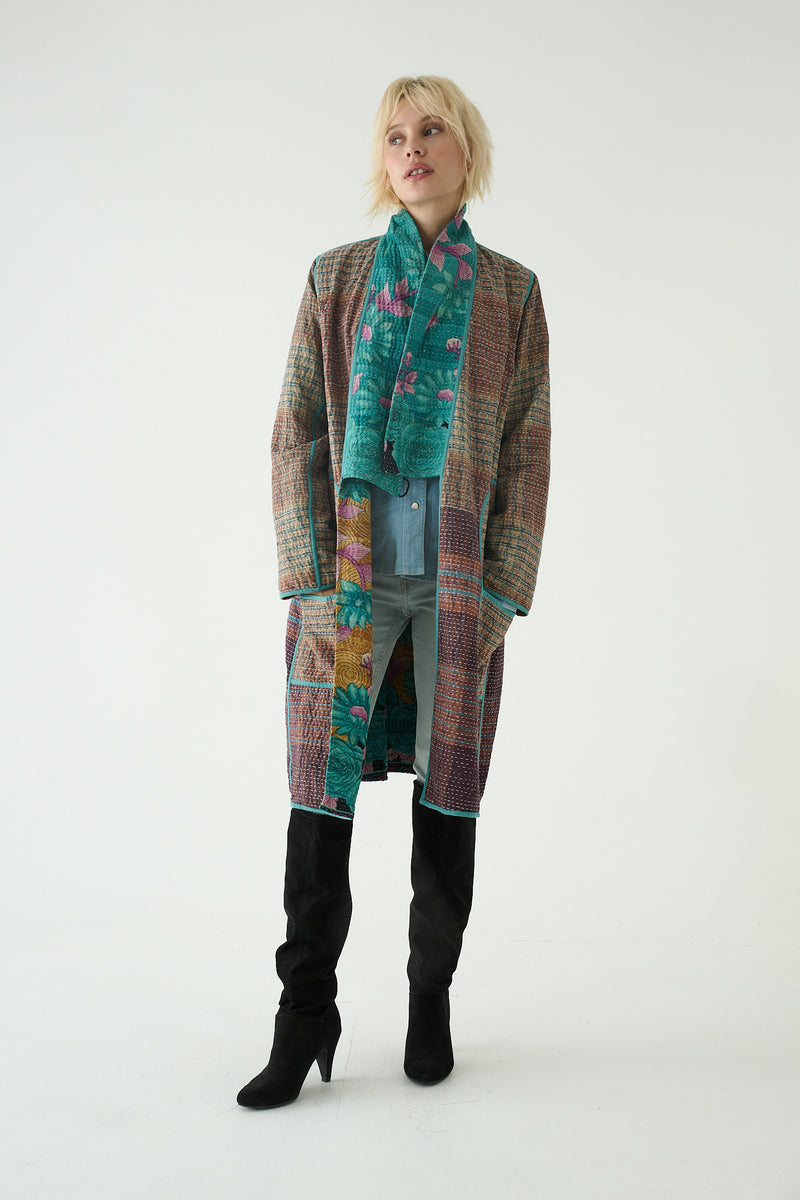 Repurposed Quilted Kantha Coat Turquoise 015