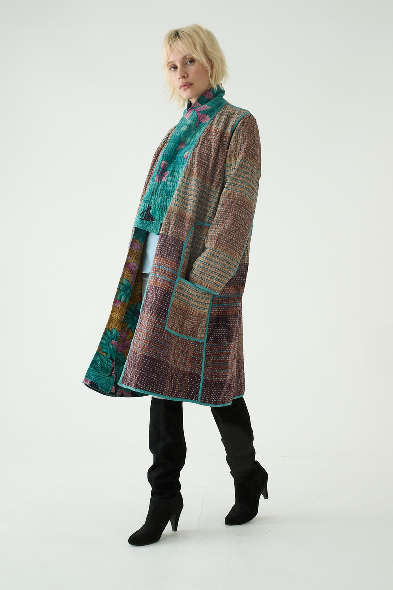 Repurposed Quilted Kantha Coat Turquoise 015