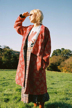 Repurposed Quilted Kantha Coat Red 011