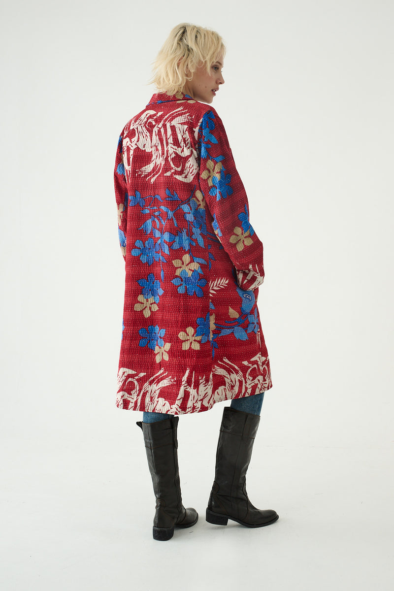 Repurposed Quilted Kantha Coat Red 001