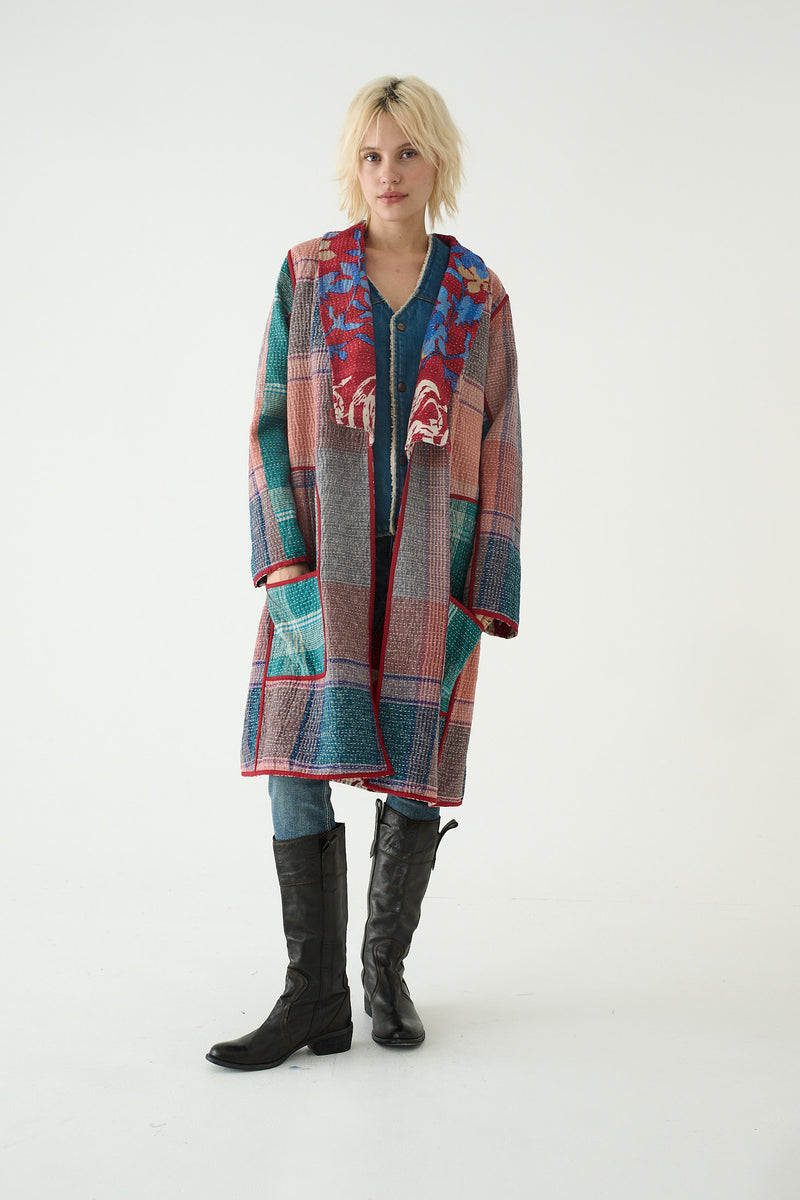 Repurposed Quilted Kantha Coat Red 001