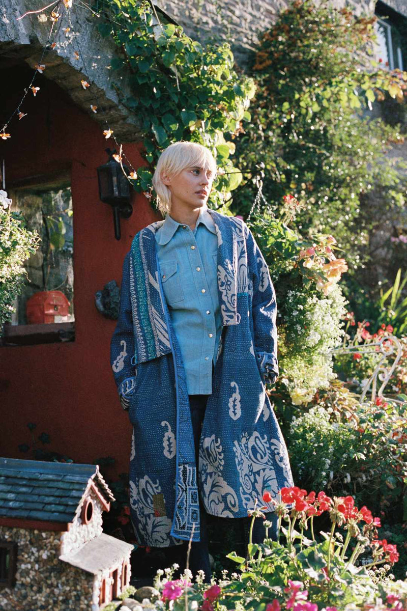 Repurposed Quilted Kantha Coat Blue 005