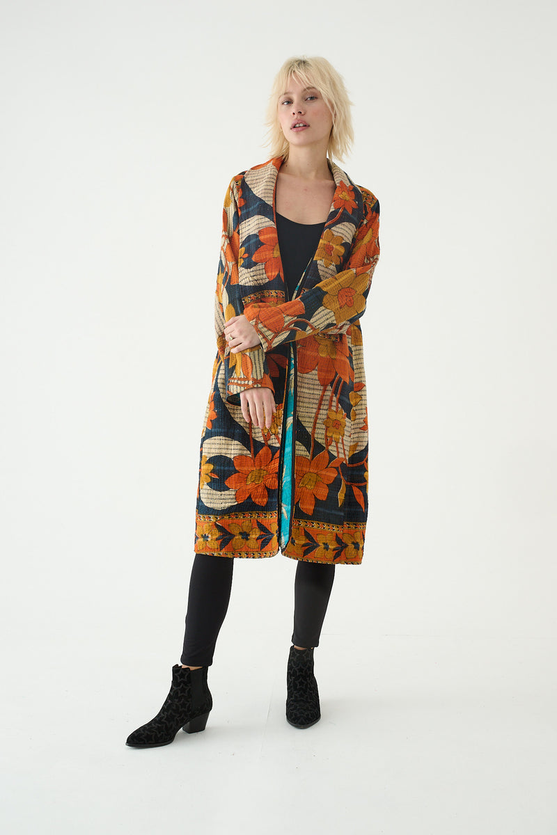 Repurposed Quilted Kantha Coat Orange 012