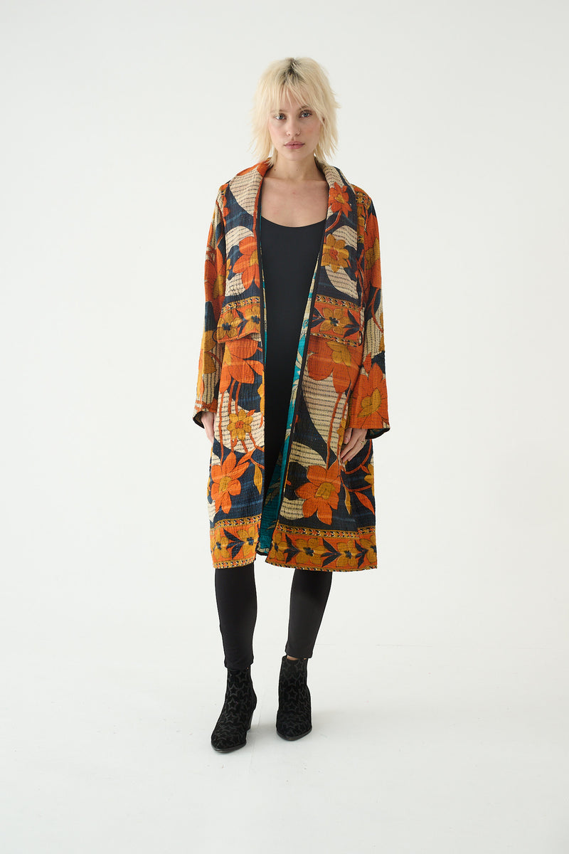 Repurposed Quilted Kantha Coat Orange 012