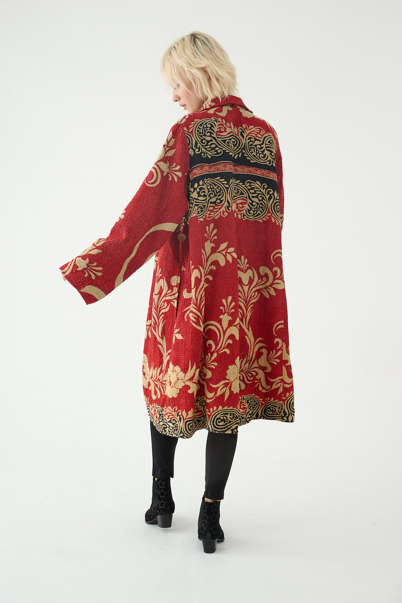 Repurposed Quilted Kantha Coat Red 003