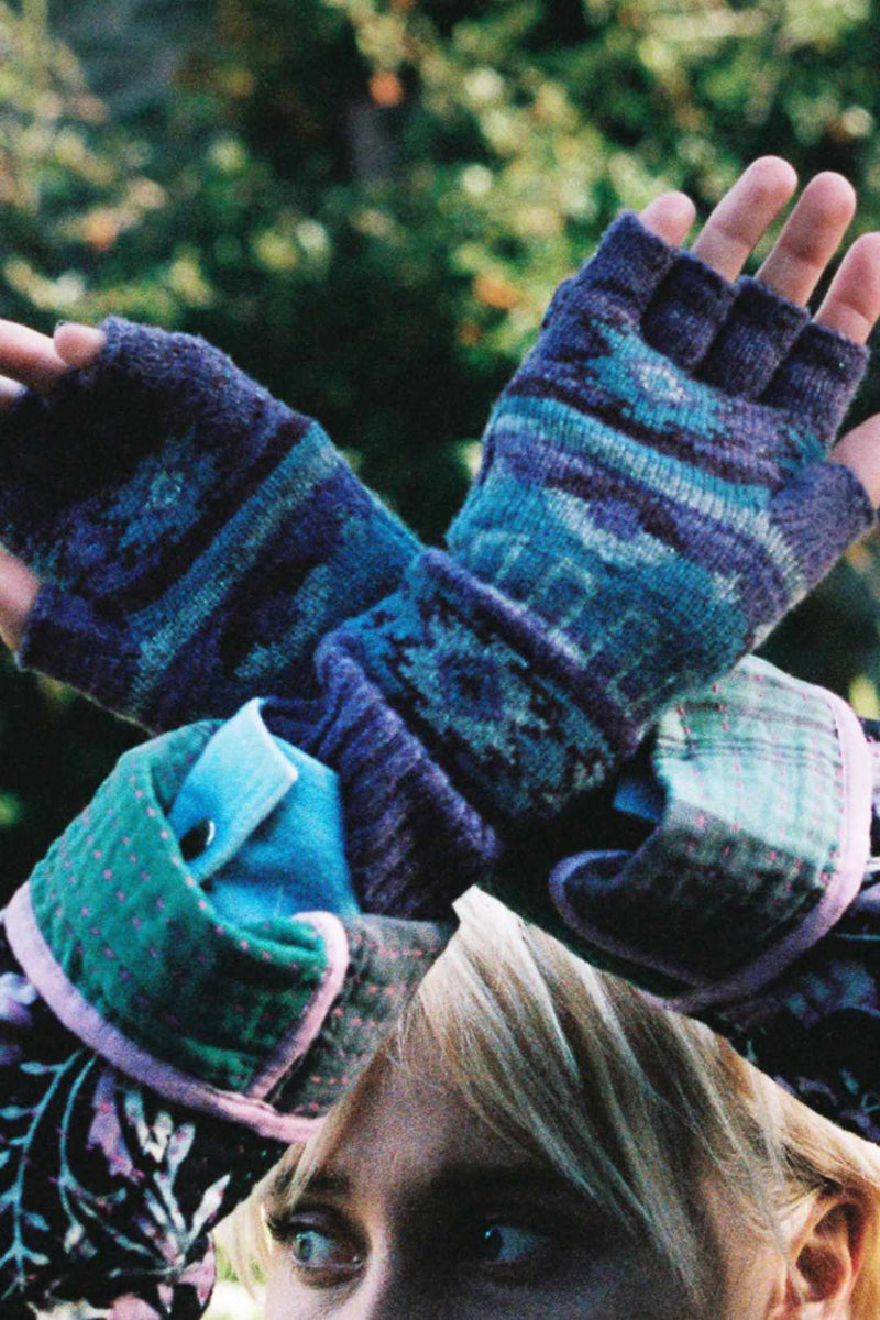 Wool Fair Isle Fingerless Gloves Frosted Grape