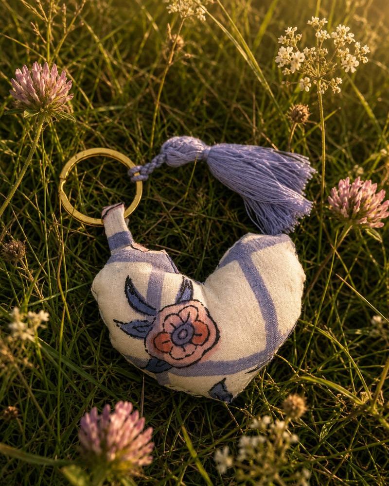 Block Print Key Ring - Indigo - Meadow Check 02