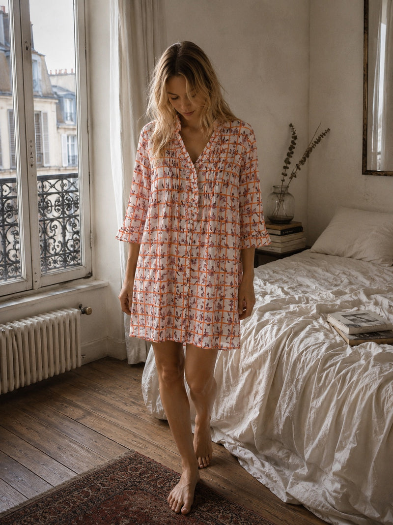 Nightie Day Dress - Apricot - Meadow Check 02