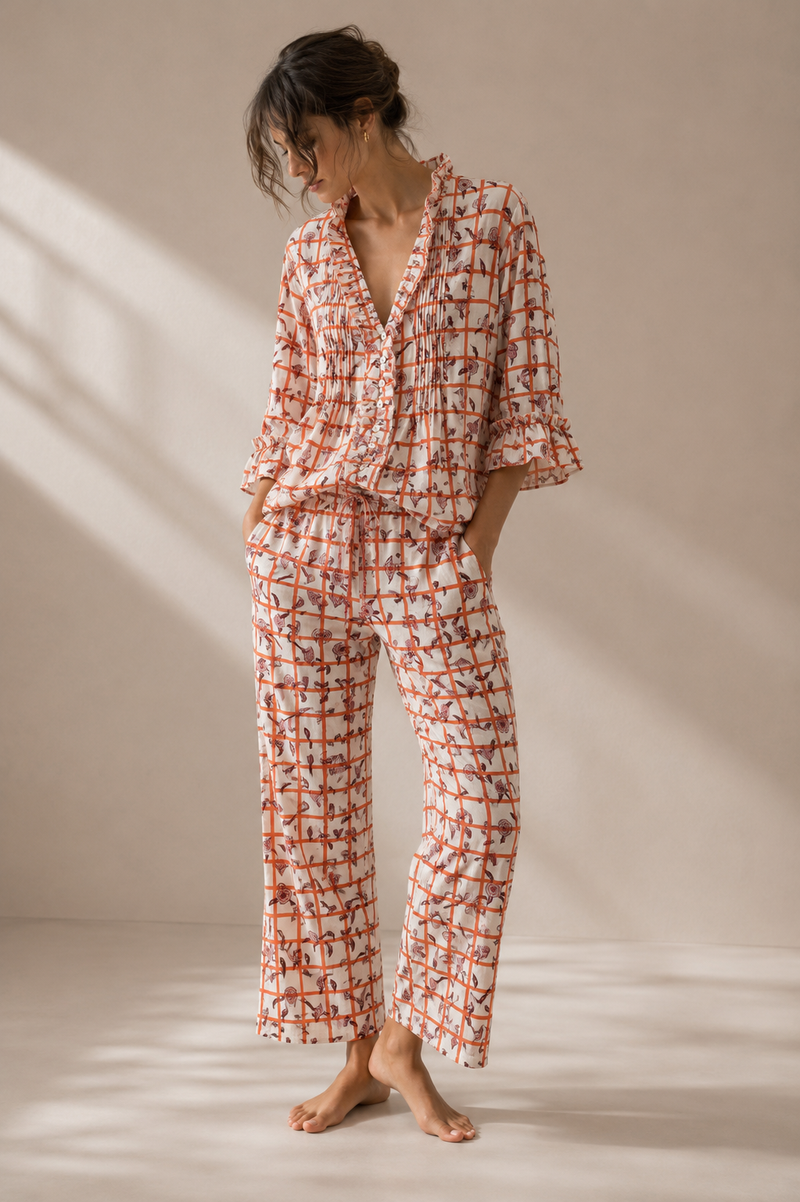 Pj Day Top - Apricot - Meadow Check 02