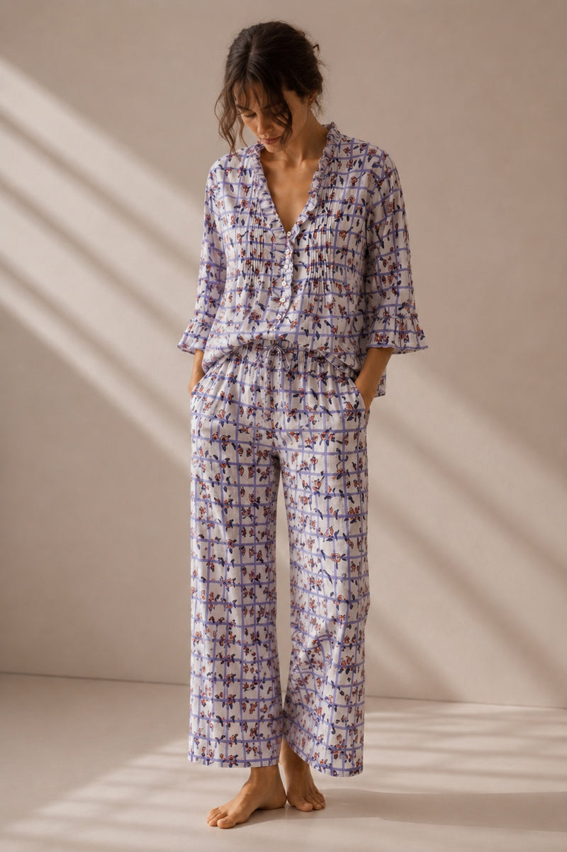 Pj Day Top - Indigo - Meadow Check 02